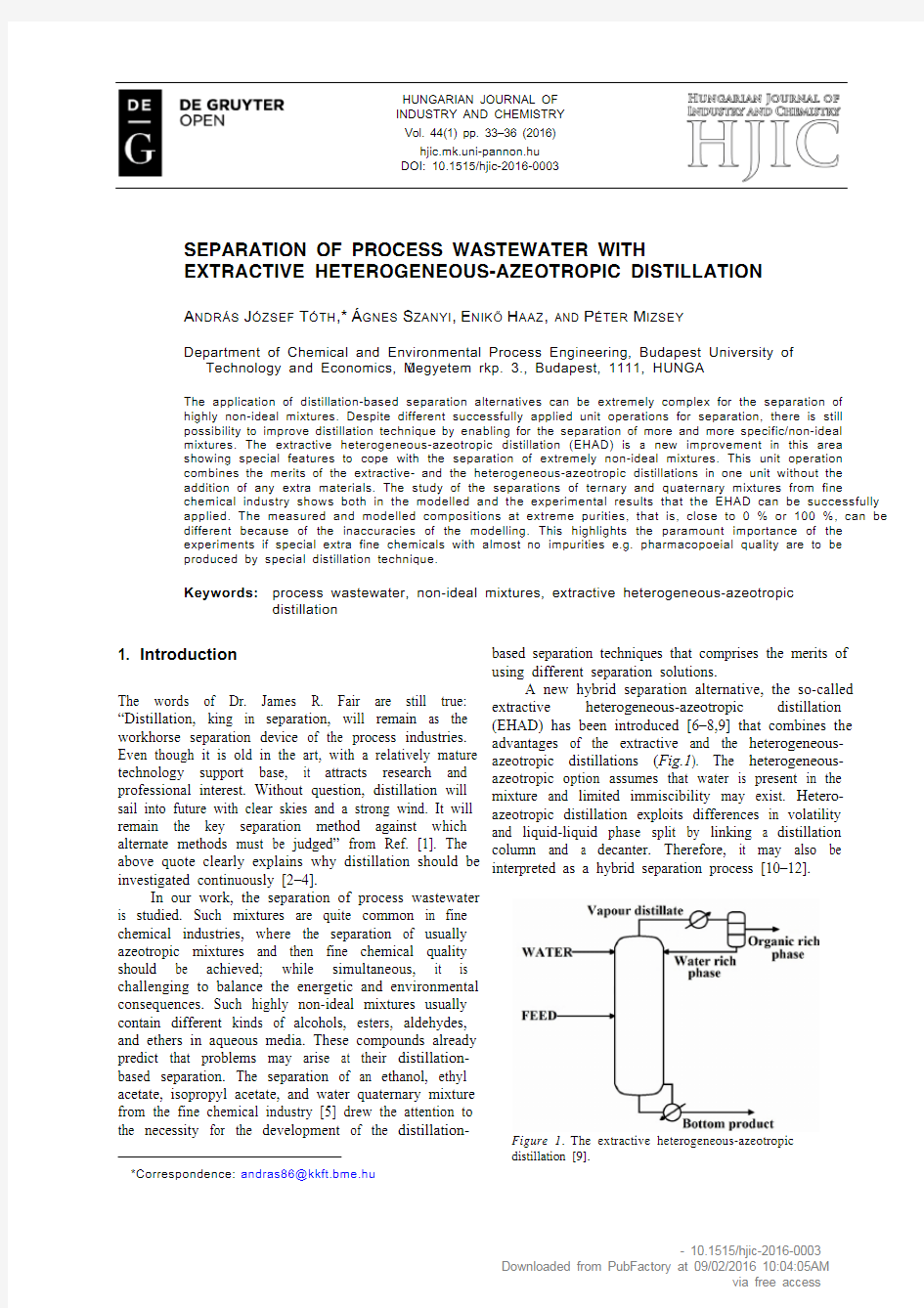 Separation of Process Wastewater with Extractive Heterogeneous-Azeotropic Distillation