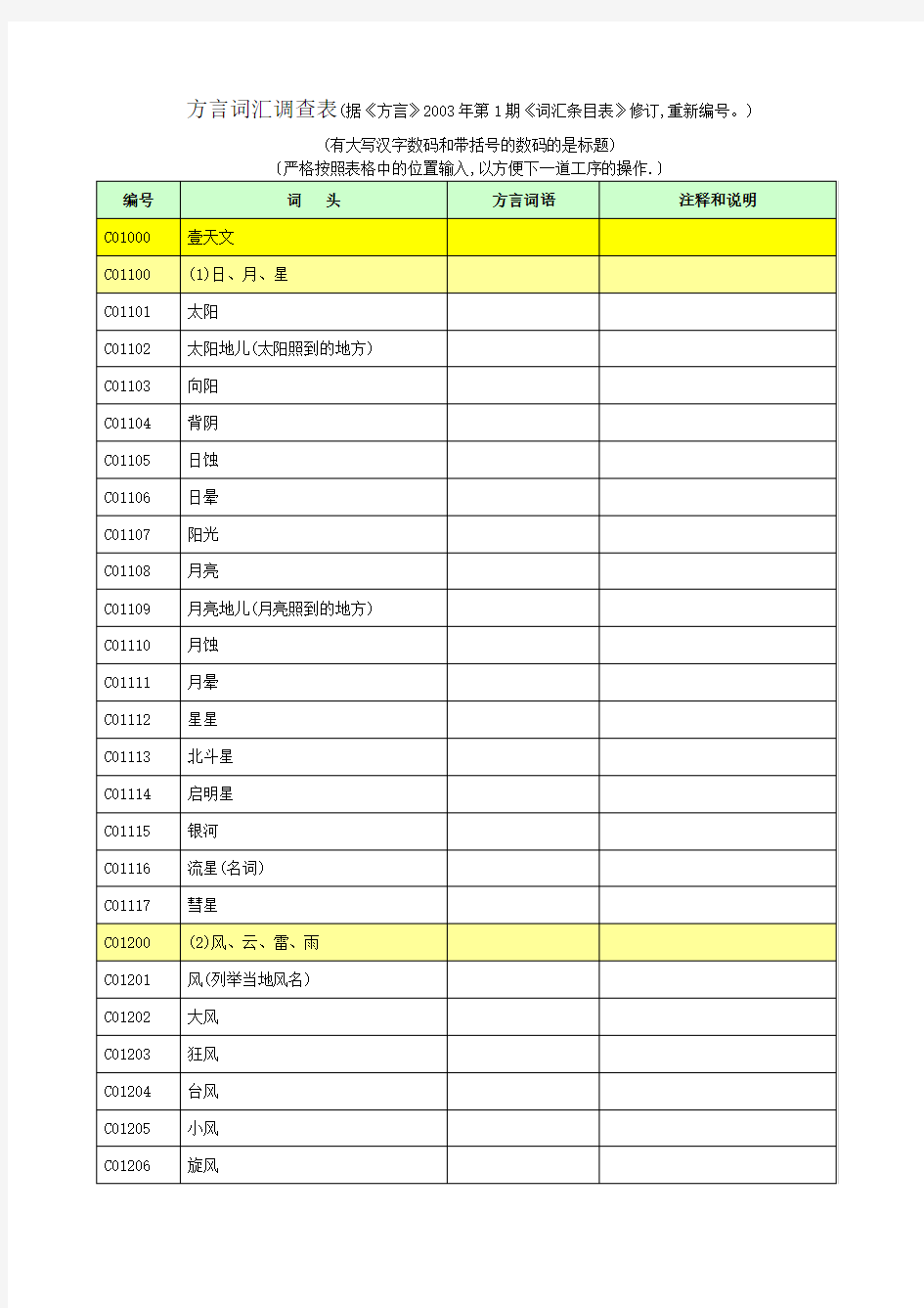 《方言》词汇调查表(4000词)