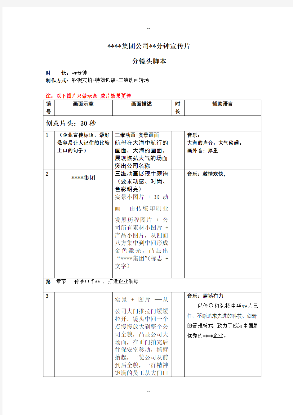 公司宣传片分镜头必备脚本模板