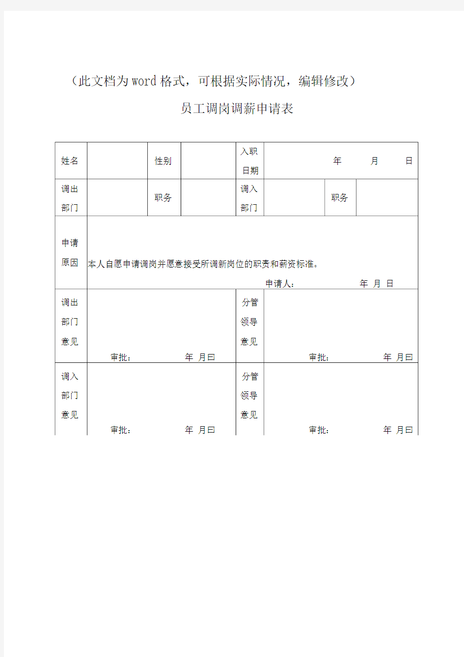 【HR】员工调岗调薪申请表