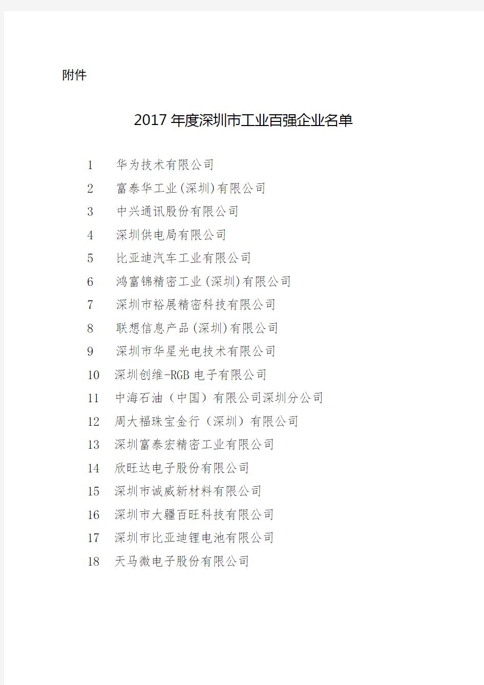关于公布2017年度深圳市工业百强企业名单的通知