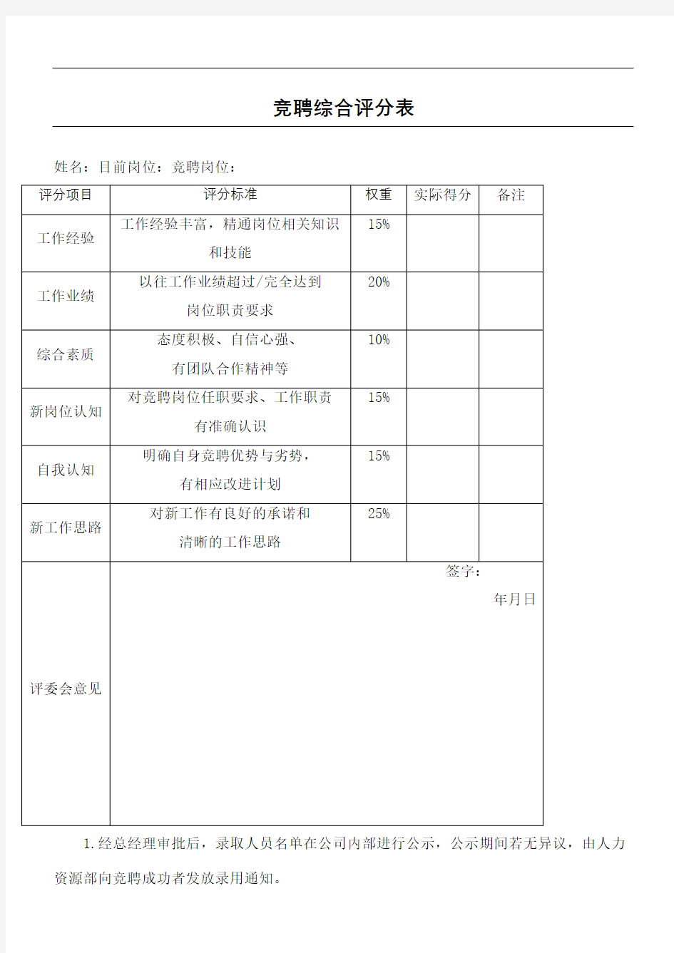 竞聘综合评分表