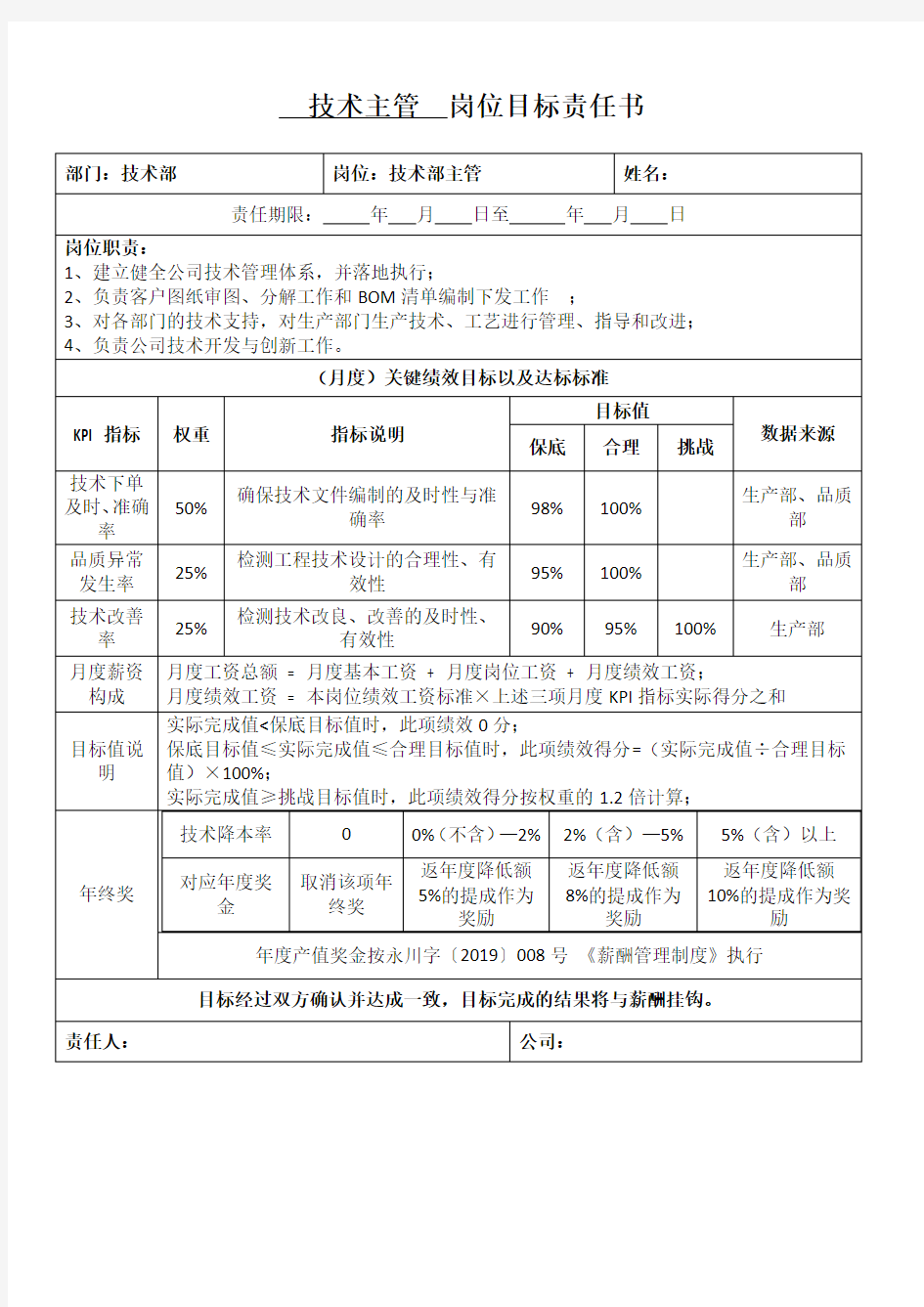 (技术主管)目标责任书