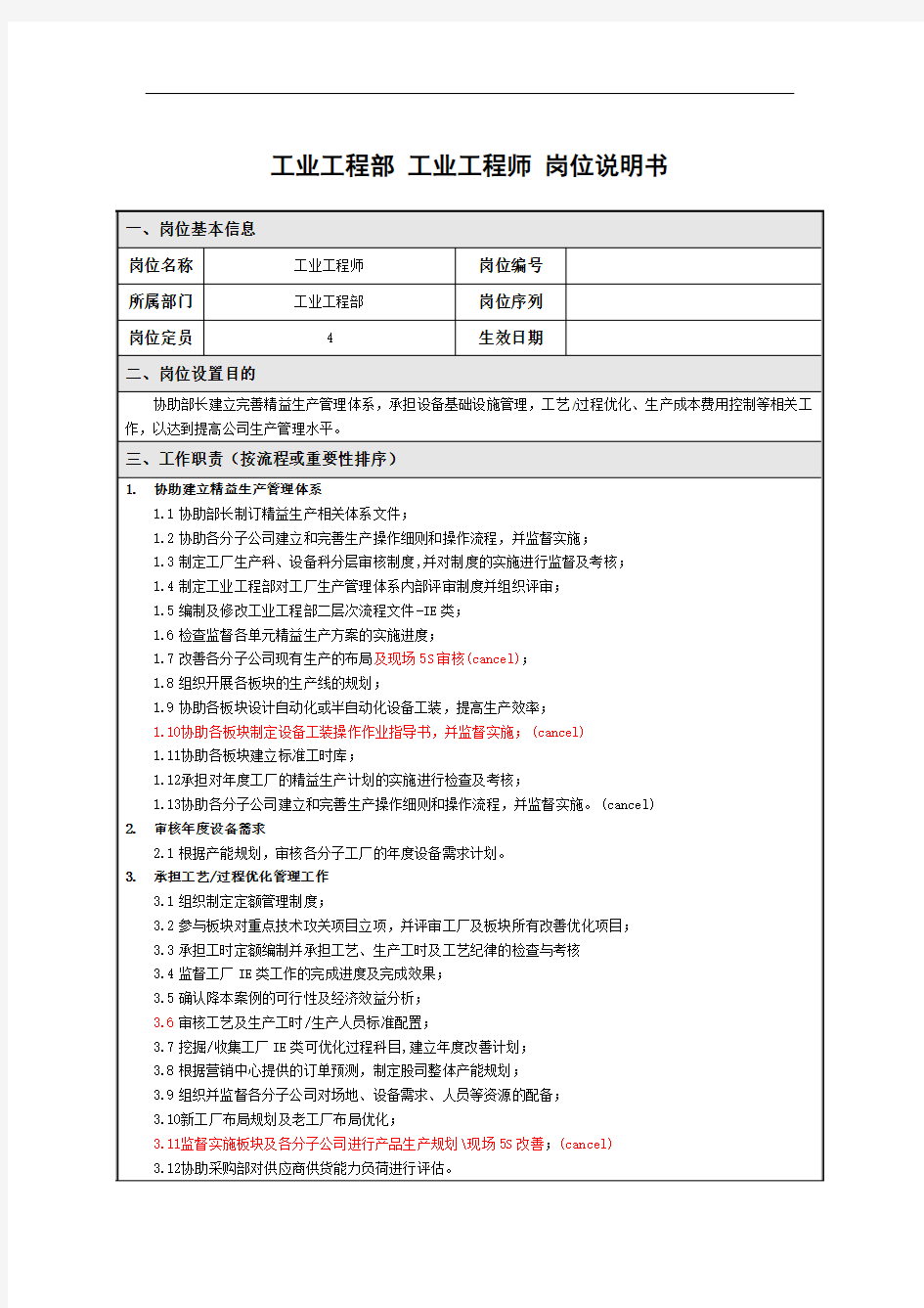 20.工业工程师岗位职责说明书