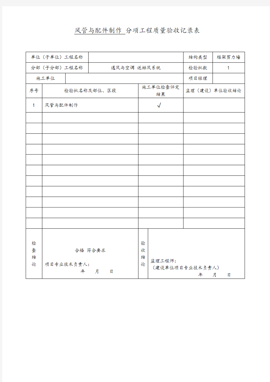 风管与配件制作分项工程质量验收记录表