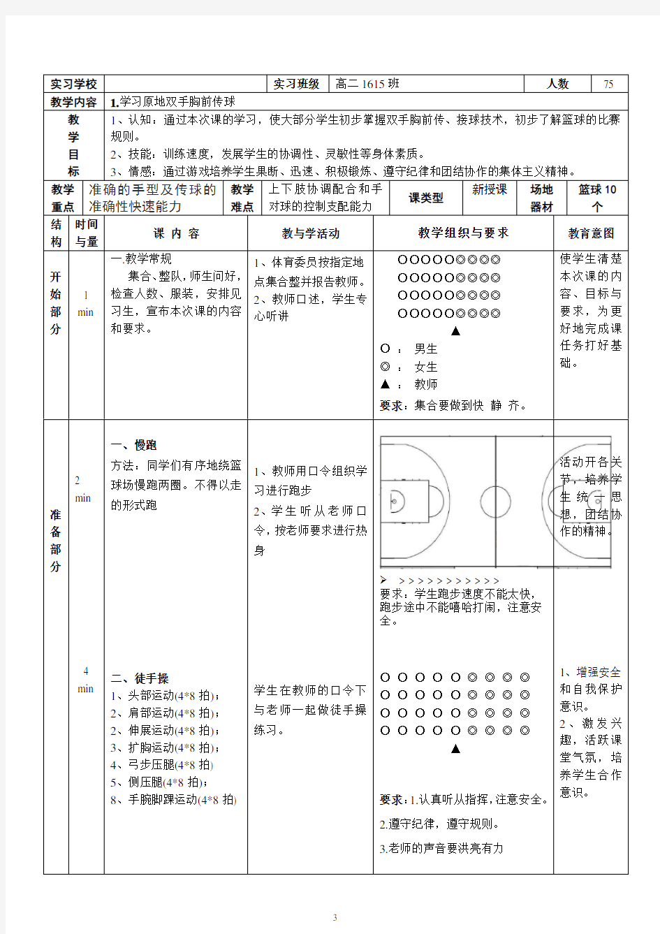 原地双手胸前传接球教案