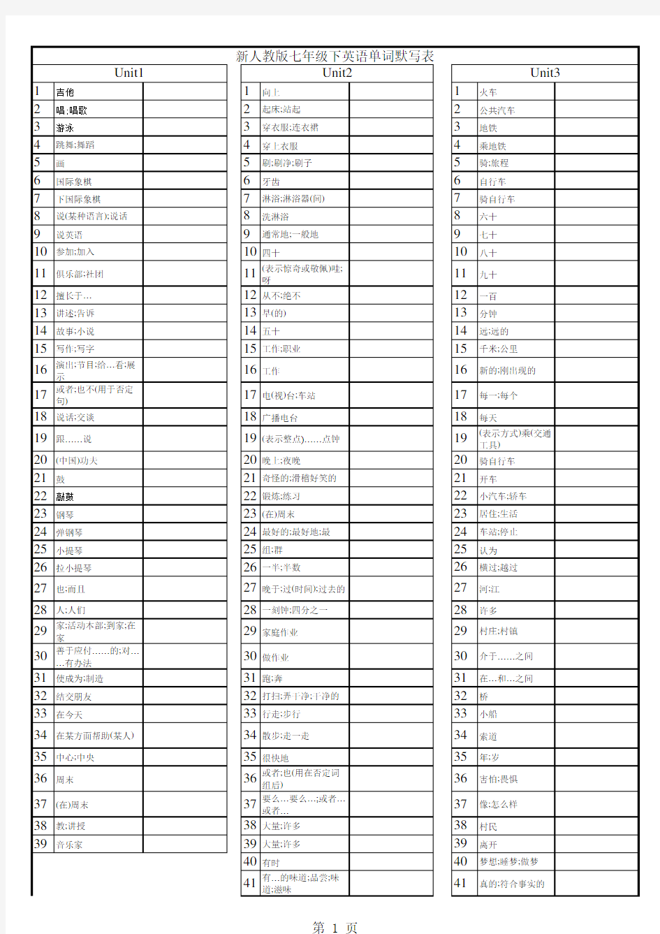 新人教版七年级下英语单词默写表(可直接打印)学习资料