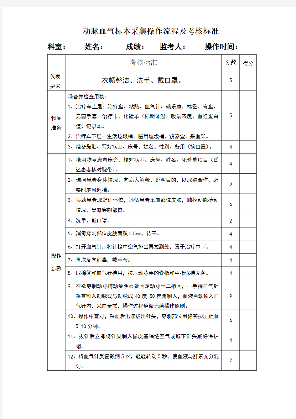 动脉血气标本采集操作流程及考核标准