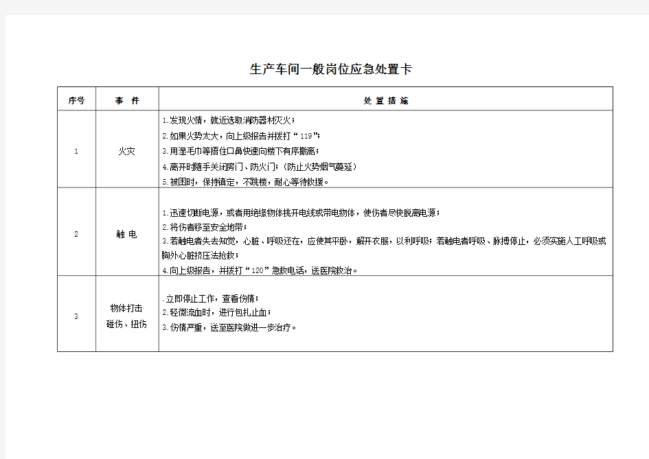 生产车间一般岗位应急处置卡