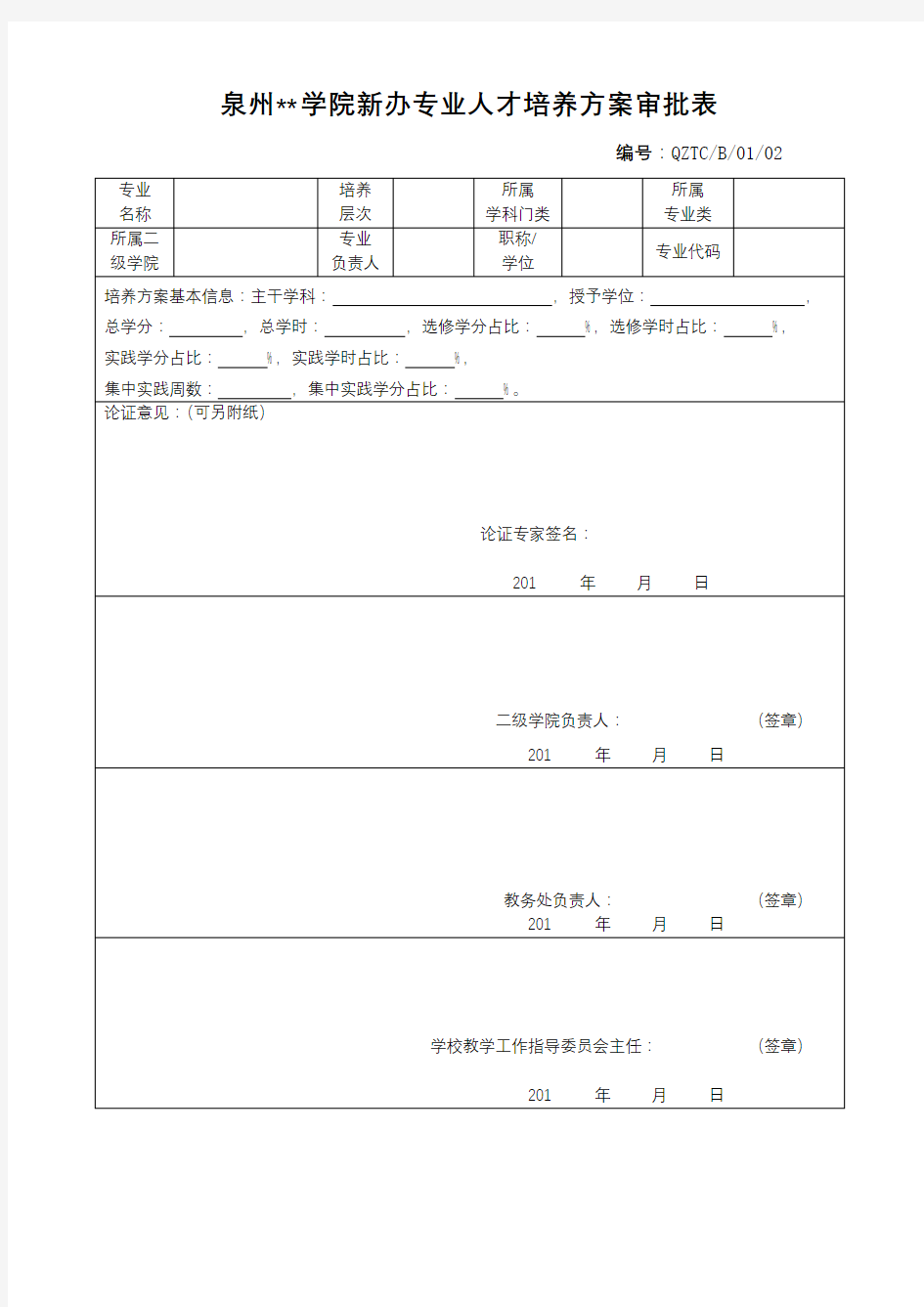 XX学院新办专业人才培养方案审批表【模板】