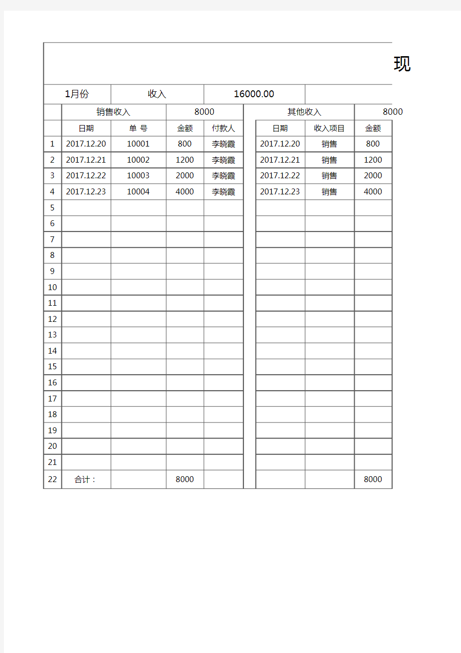 现金收入支出流水账明细表格