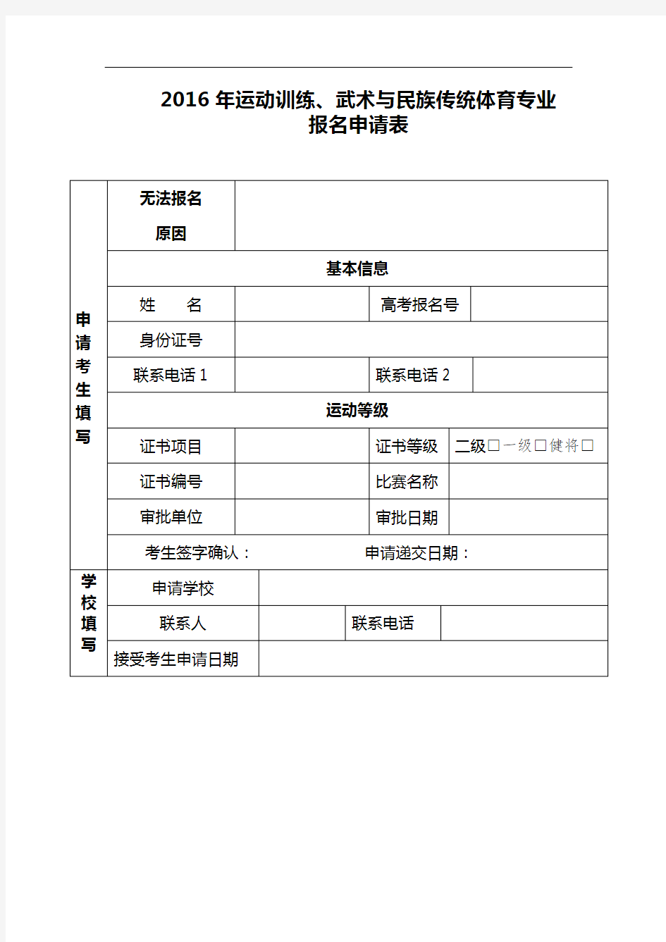 2016年运动训练、武术与民族传统体育专业