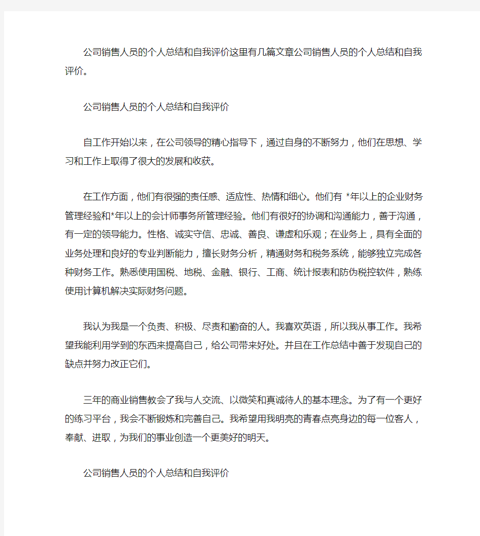 公司销售人员个人总结与自我评价范文