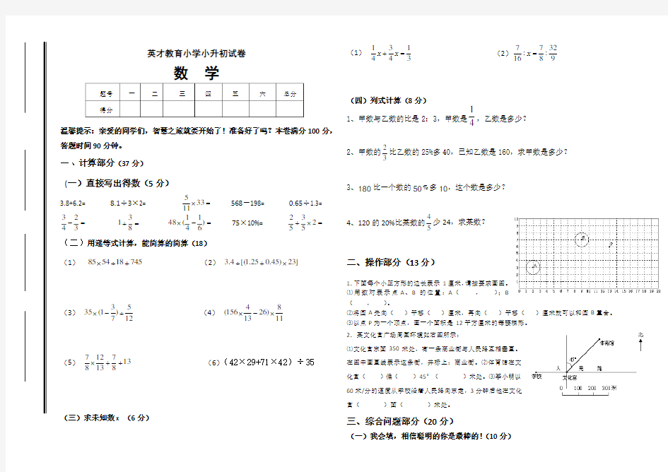 小学六年级数学小升初模拟试卷