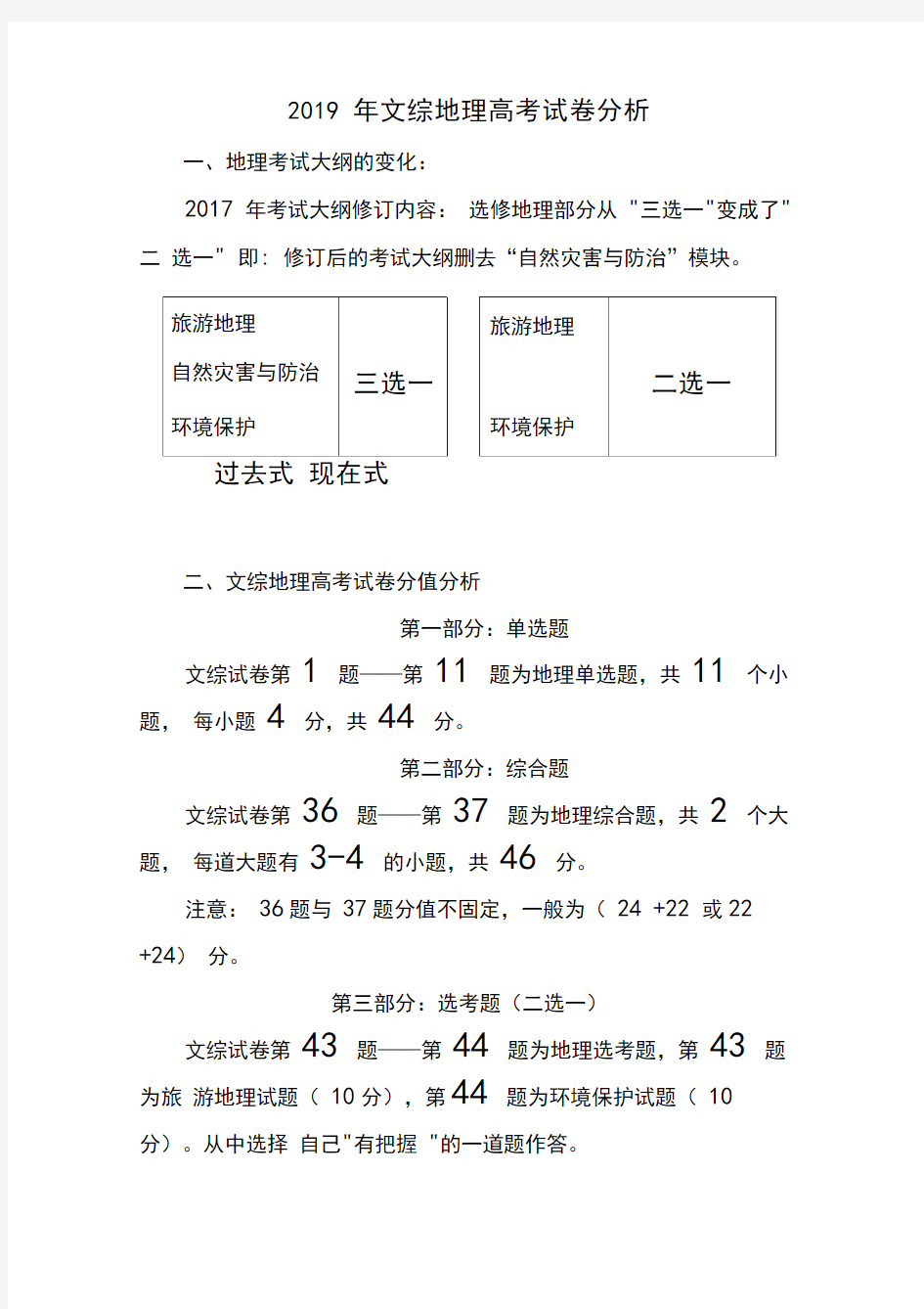 2019年最新高考文综地理高考考点分析