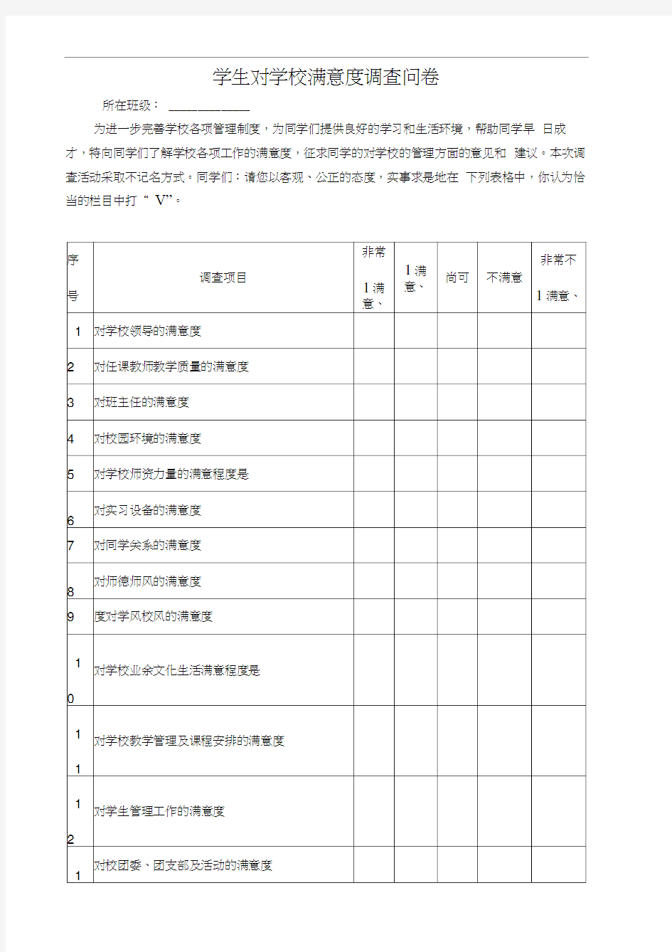 学生对学校教育满意度调查表