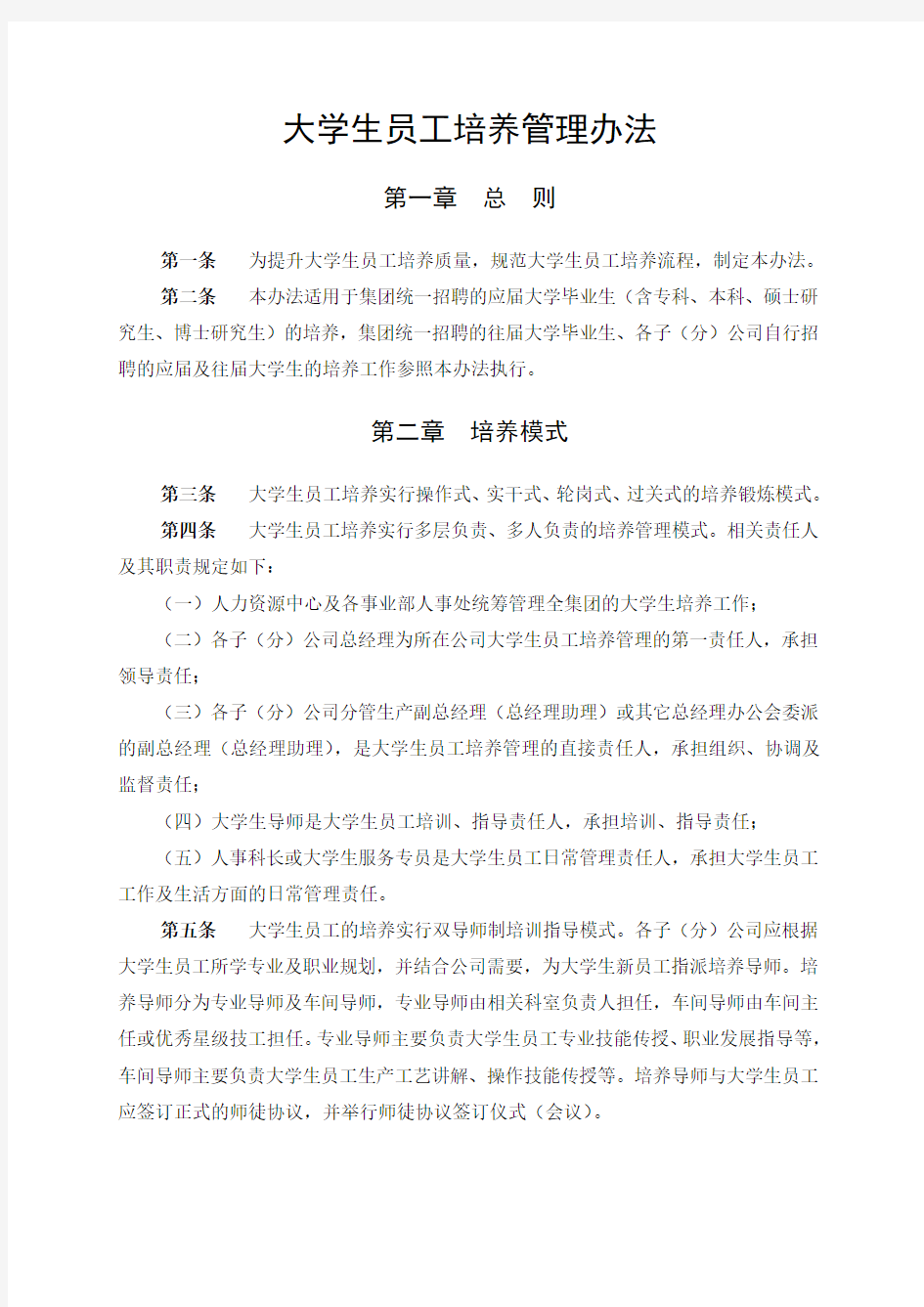 大学生员工培养管理办法