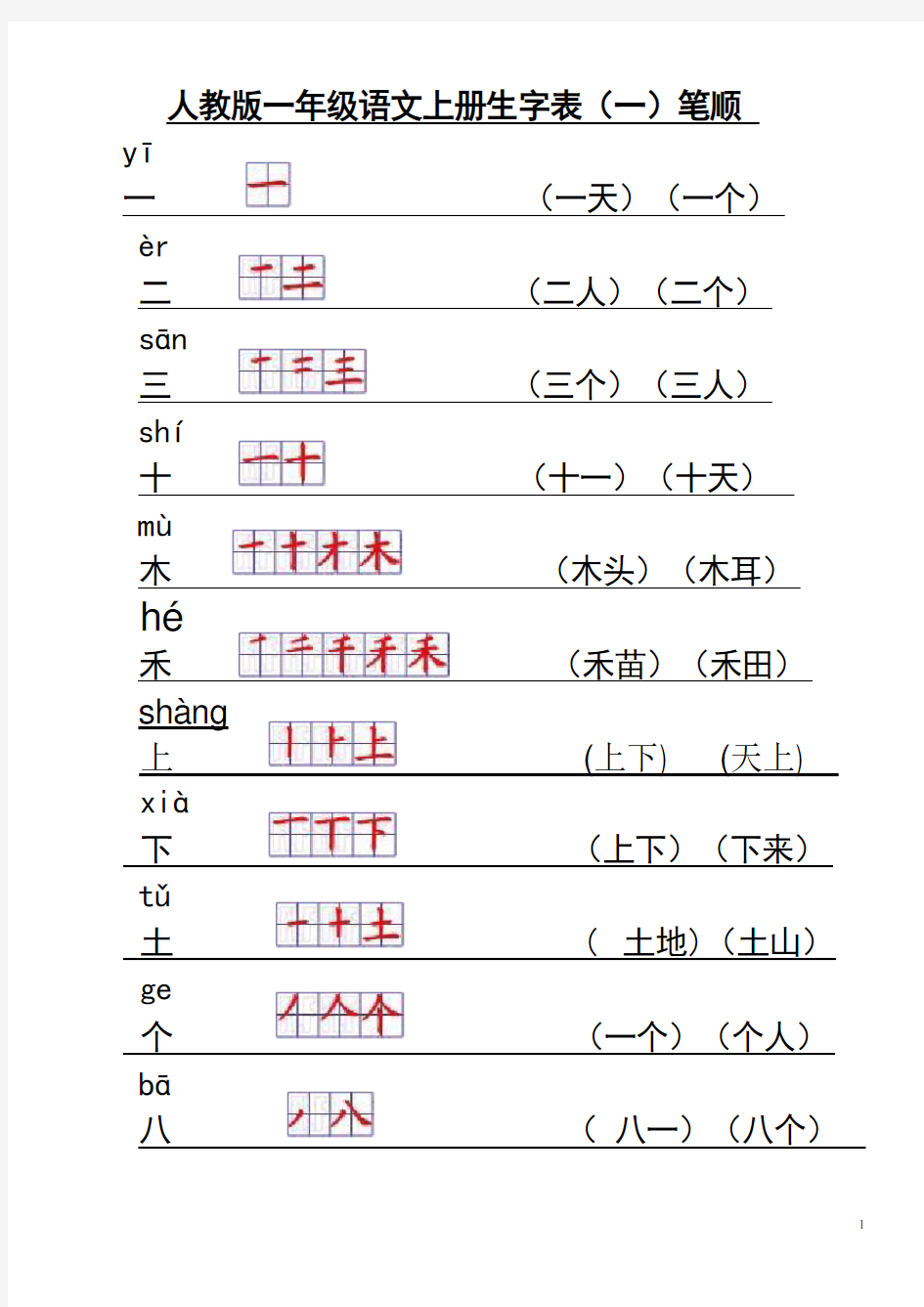 人教版一年级语文上册生字表笔顺表(Word)格式