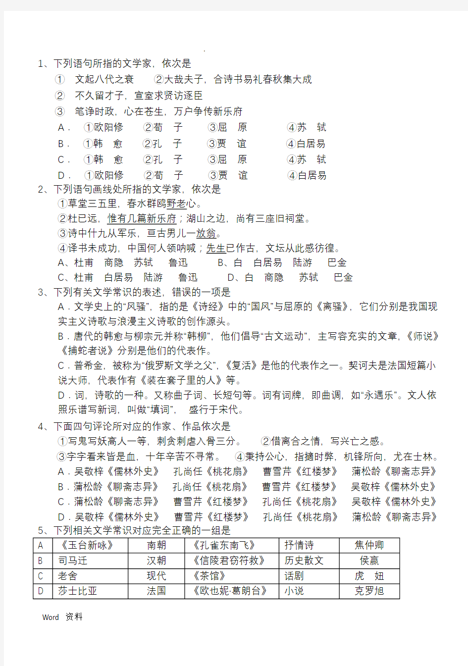 文学常识习题汇总