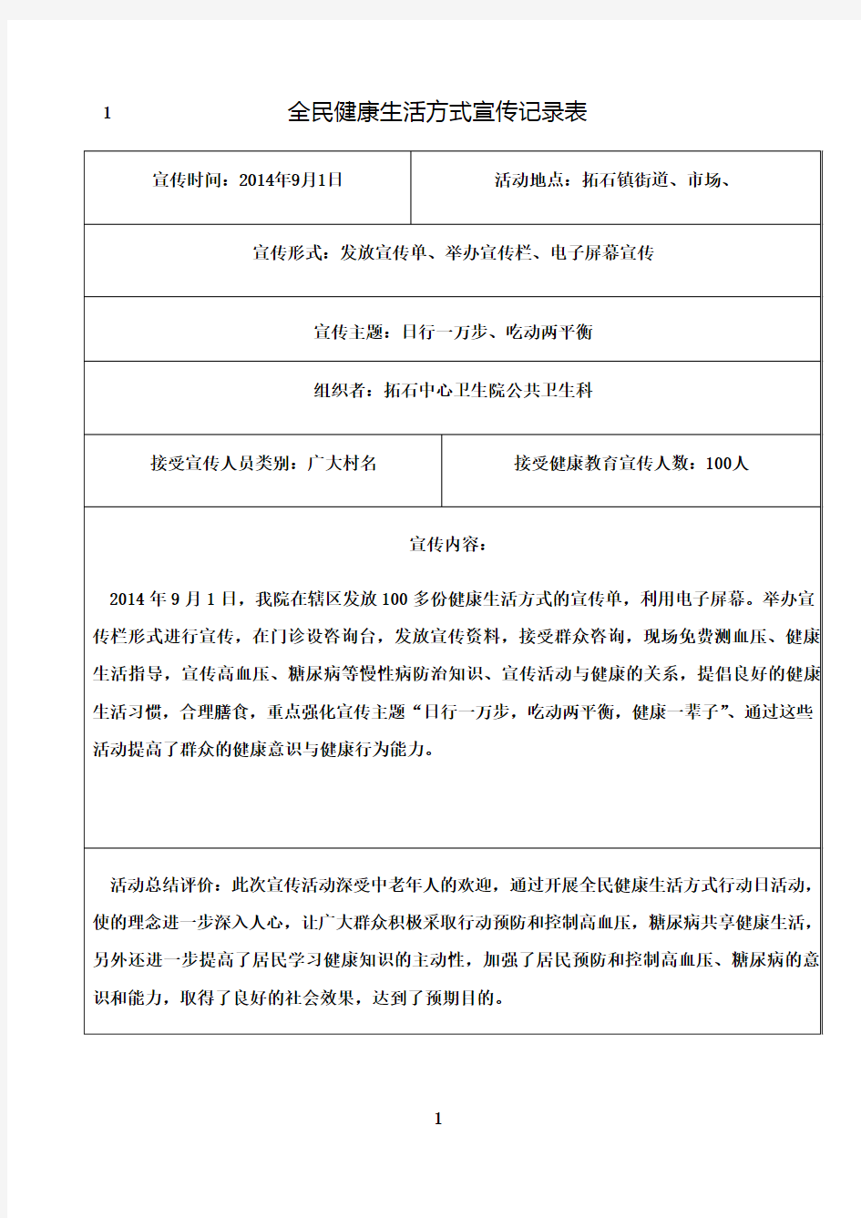 最新健康教育活动宣传记录表