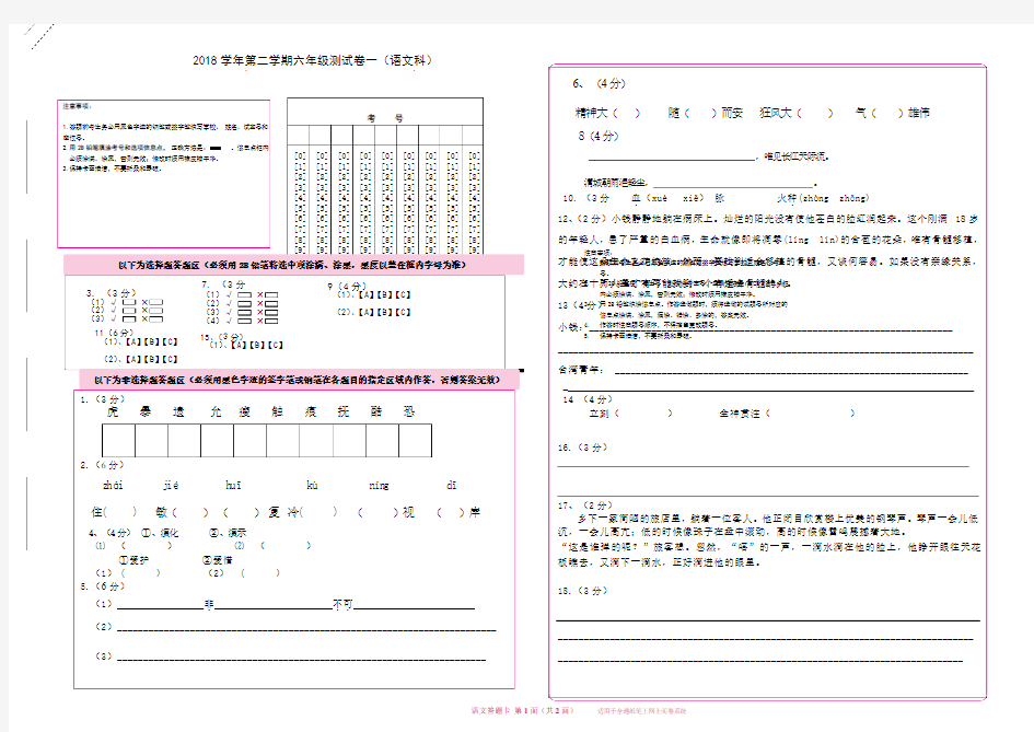 标准答题卡2018语文答题卷.doc