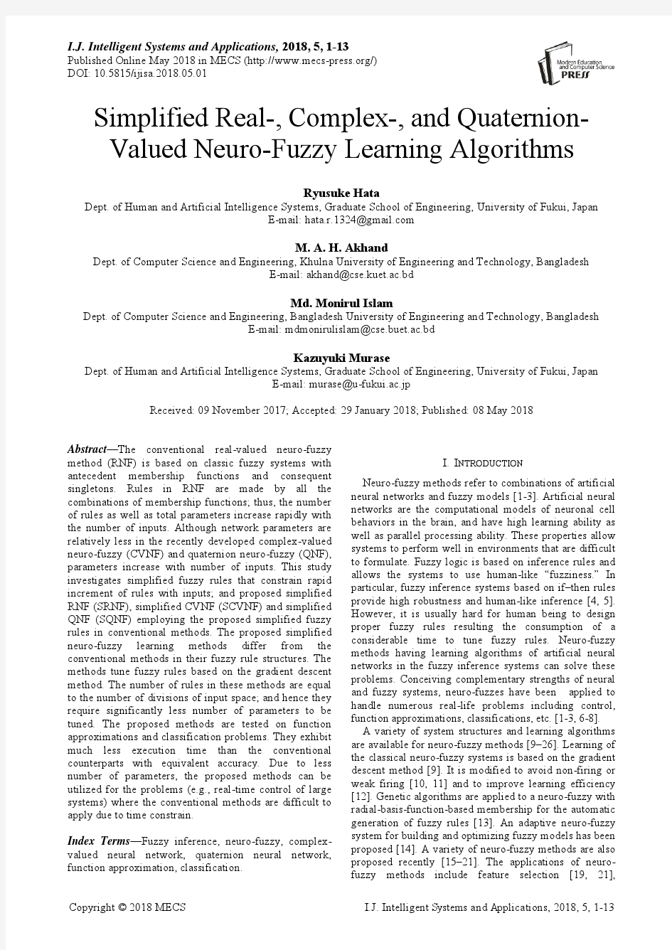 简化的实数、复数和四元数神经模糊学习算法(IJISA-V10-N5-1)