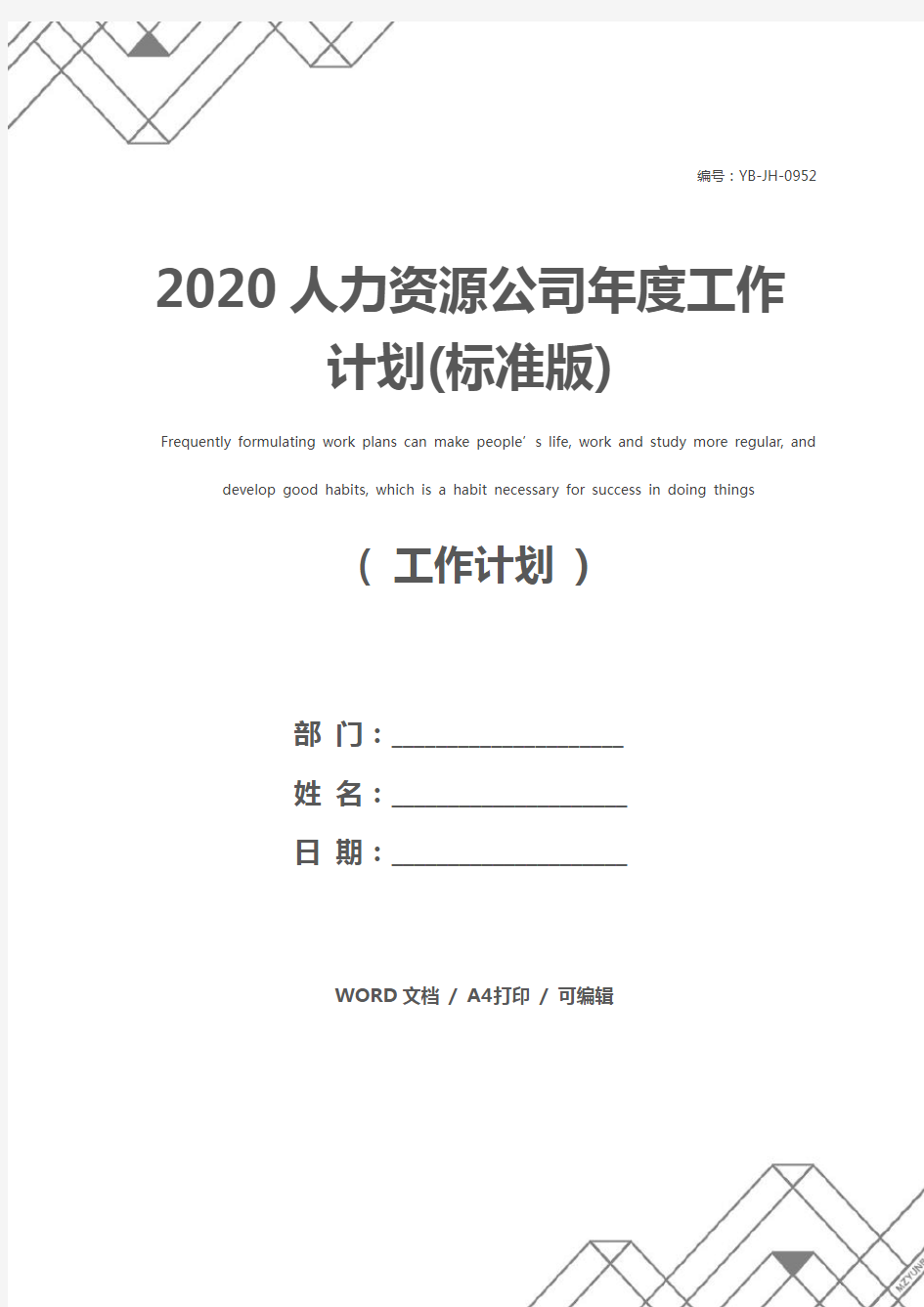 2020人力资源公司年度工作计划(标准版)