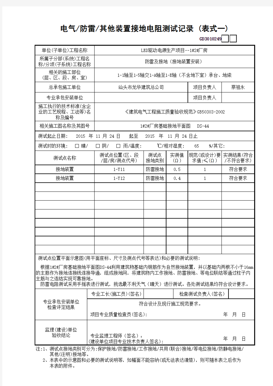 接地装置电阻测试记录