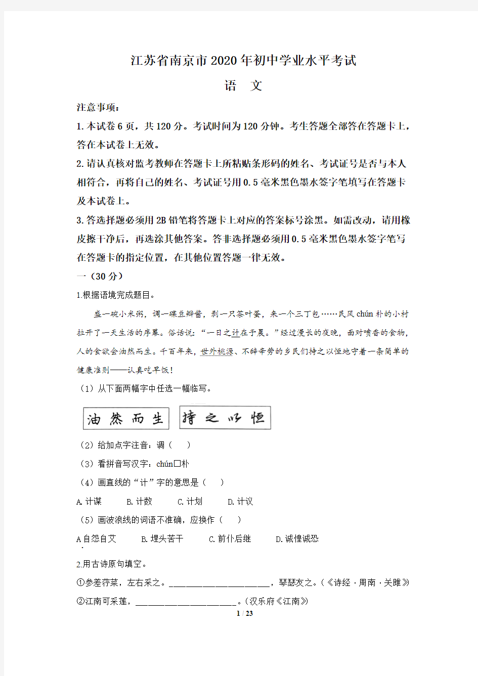 江苏省南京市2020年中考语文试题(含答案与解析)