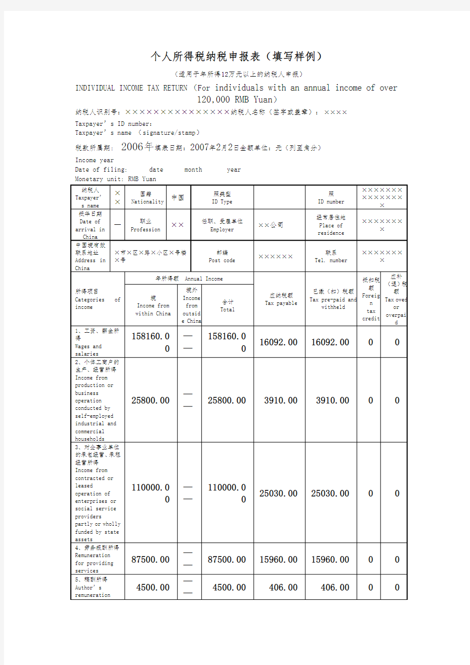 个人所得税纳税申报表(填写样例)