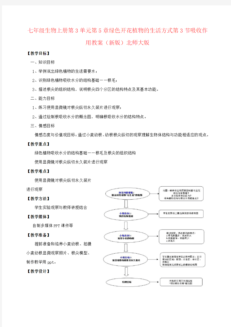 七年级生物上册第3单元第5章绿色开花植物的生活方式第3节吸收作用教案(新版)北师大版