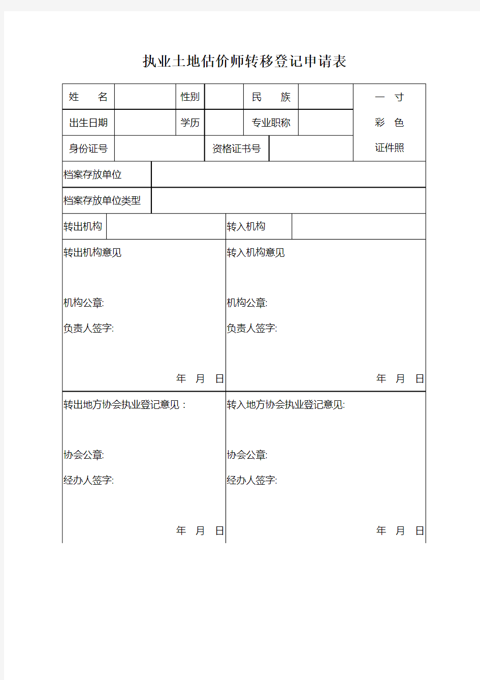 执业土地估价师转移登记申请表