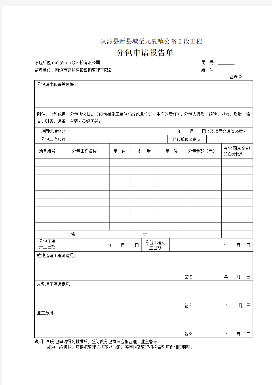 【市政】---24 分包申请报告单