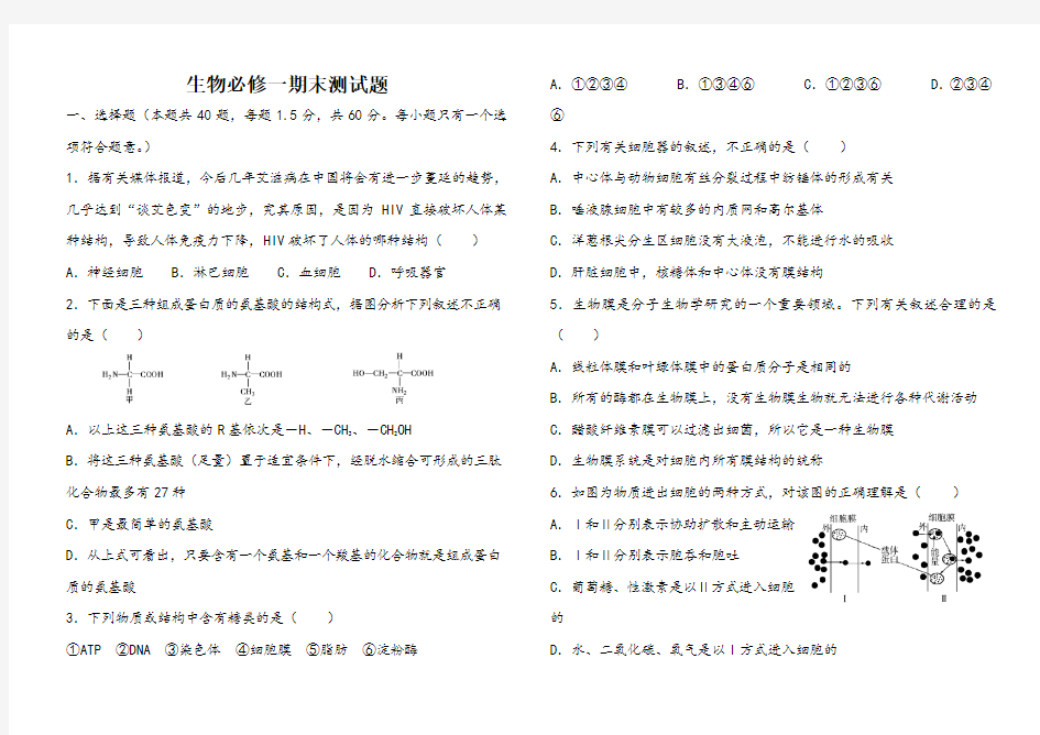 高中必修一生物期末试题(附答案)