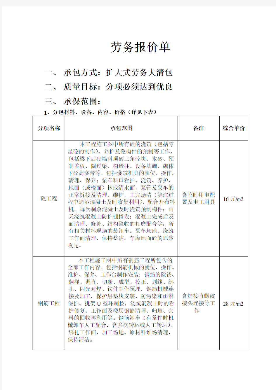 劳务报价单