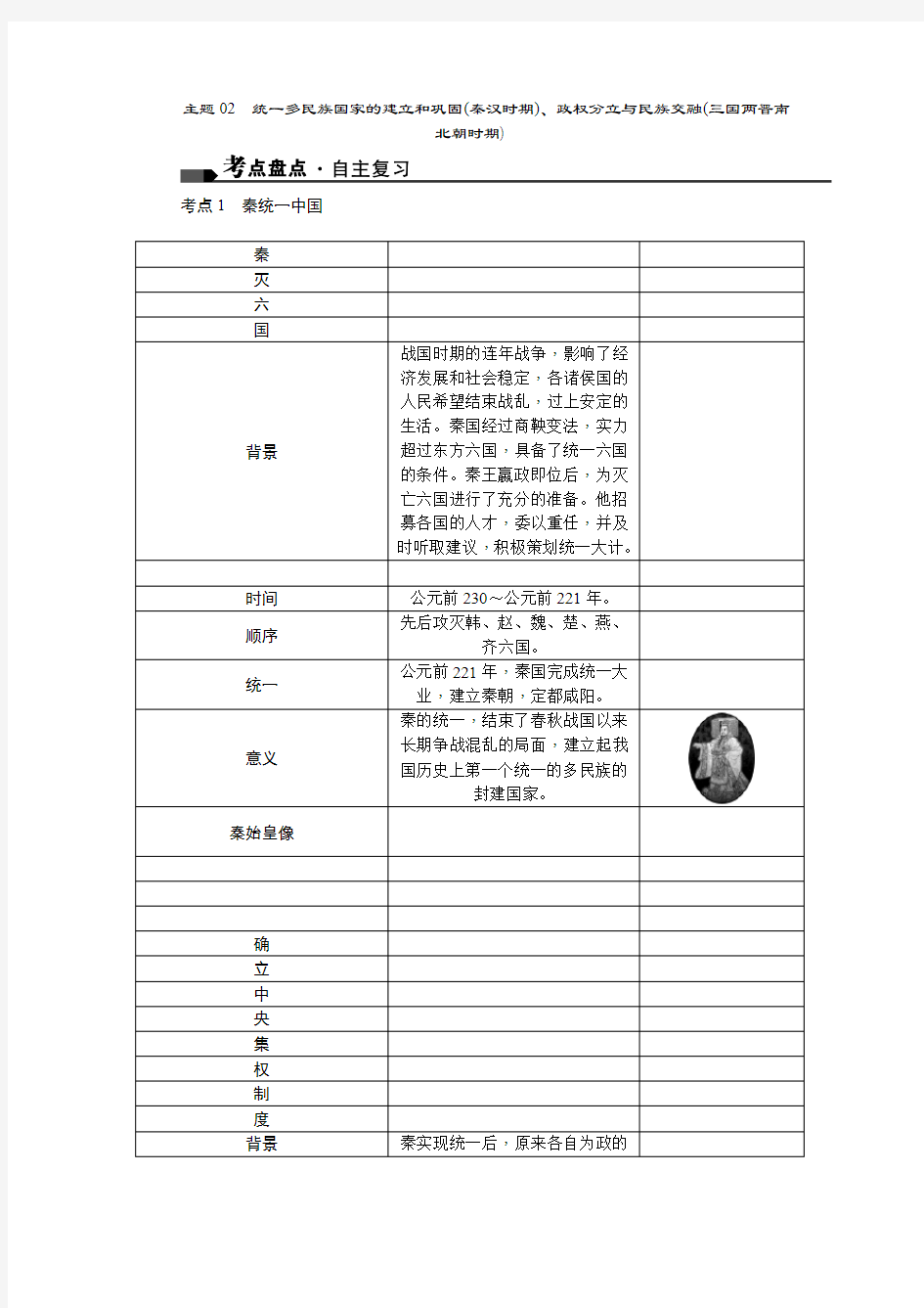 主题02 统一多民族国家的建立和巩固(秦汉时期)、政权分立与民族交融(三国两晋南北朝时期)