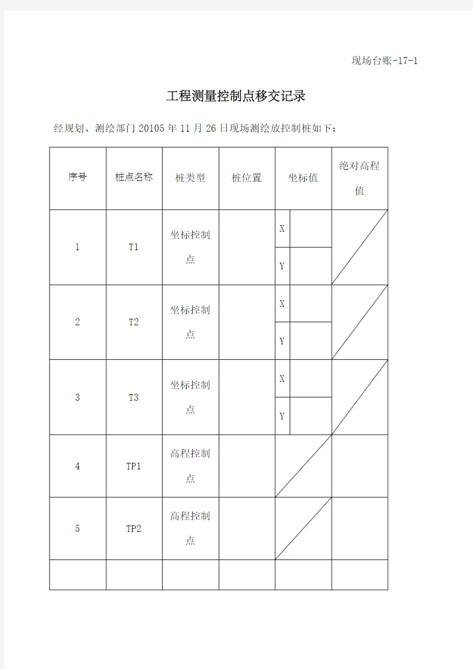 工程测量控制点移交记录