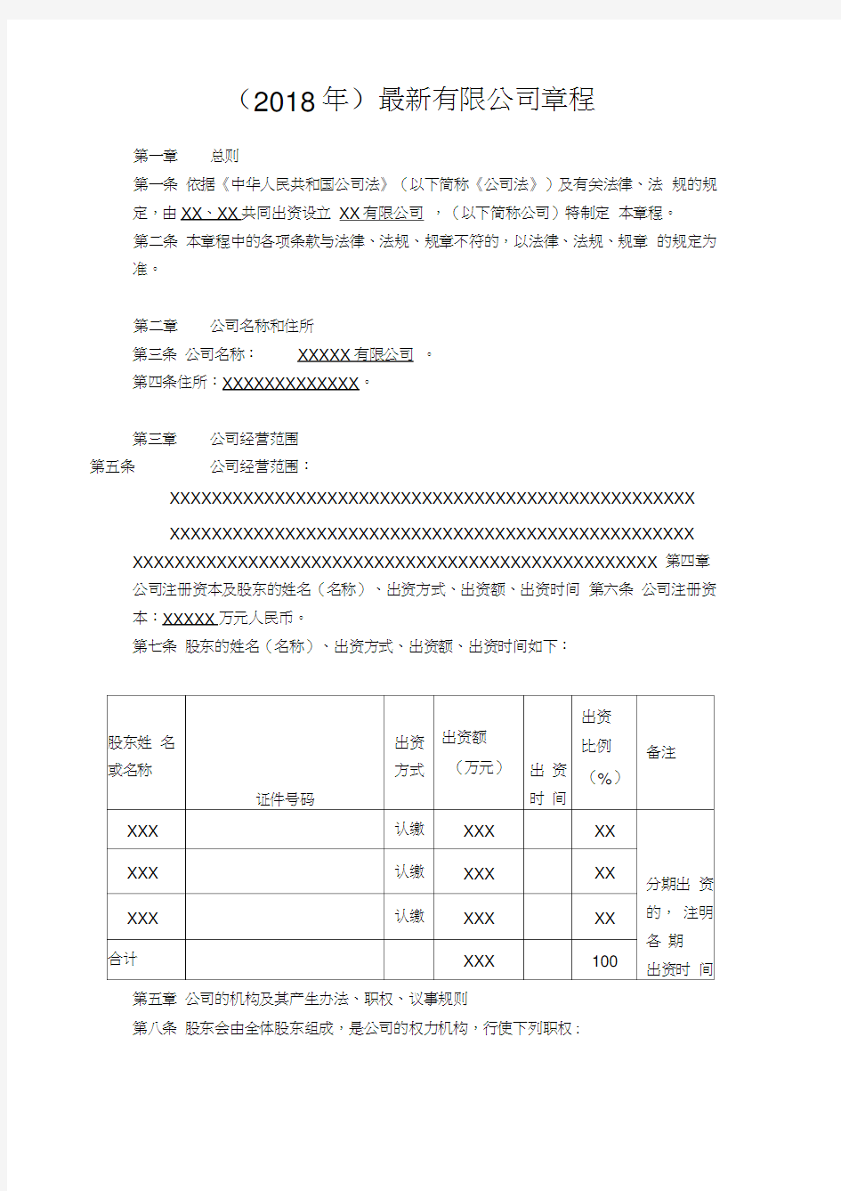 2018年最新公司章程范本WORD版