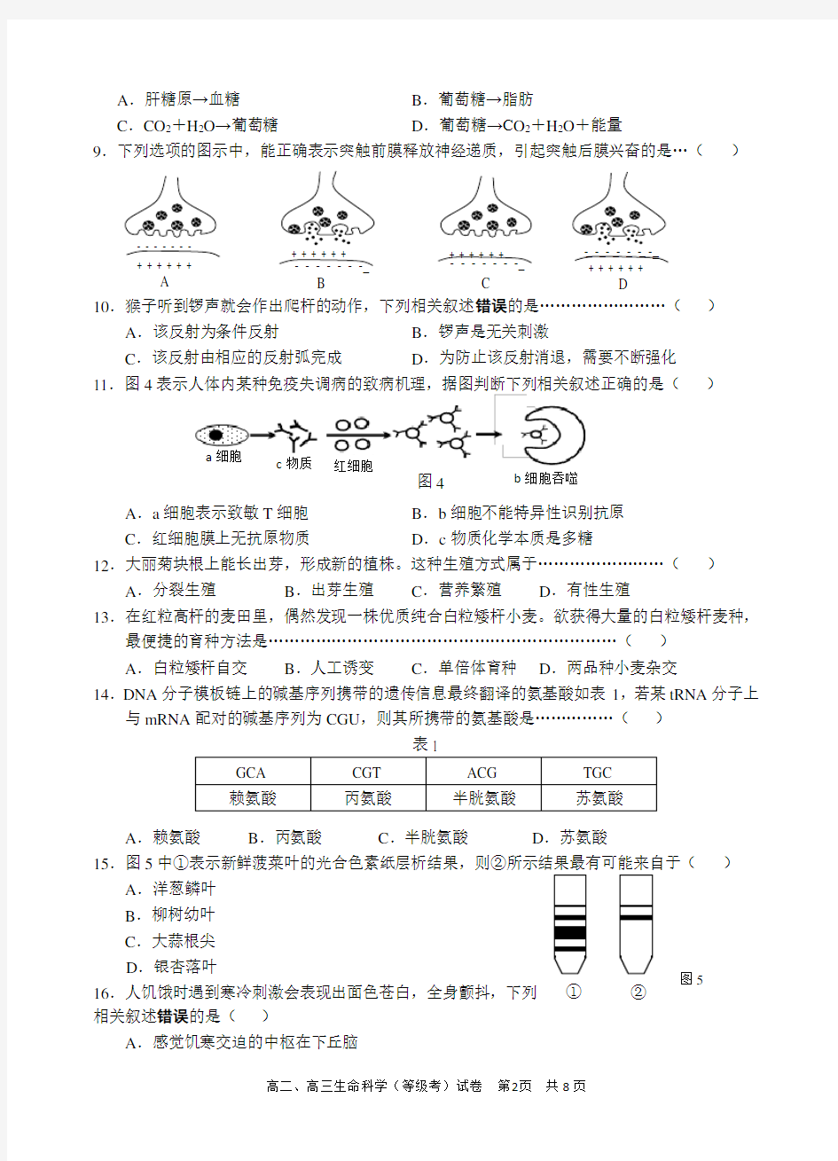 2018年上海市浦东新区区生物一模试卷