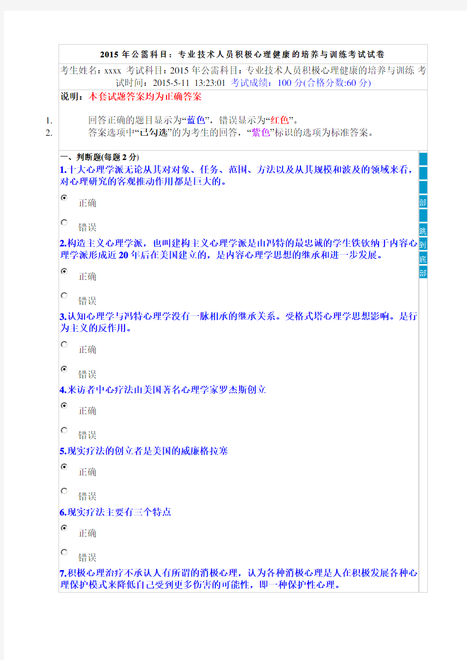 (满分)2015年公需科目：专业技术人员积极心理健康的培养与训练考试试卷