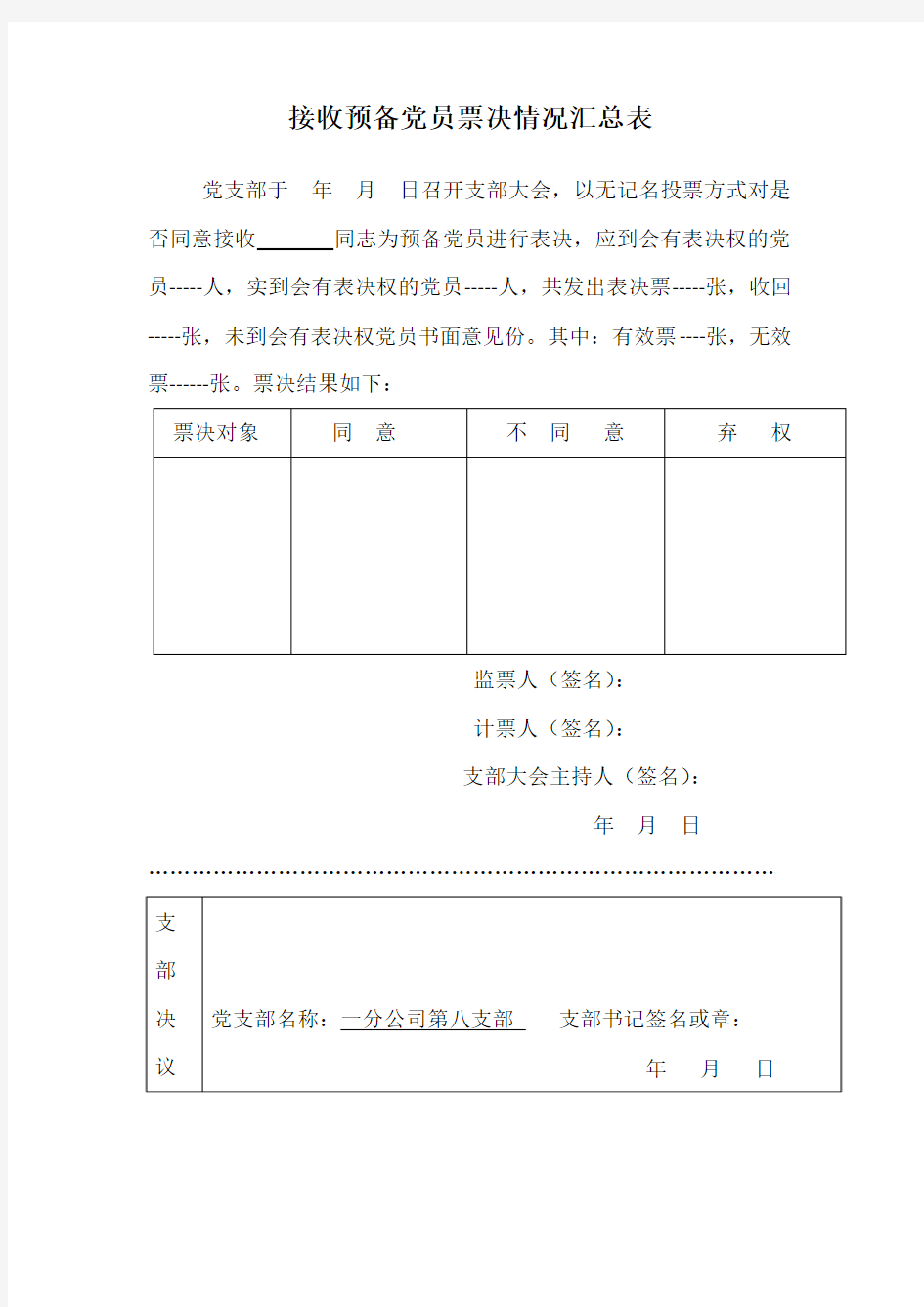 接收预备党员票决情况汇总表