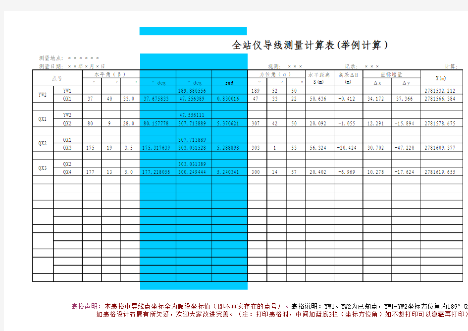 全站仪导线测量计算表