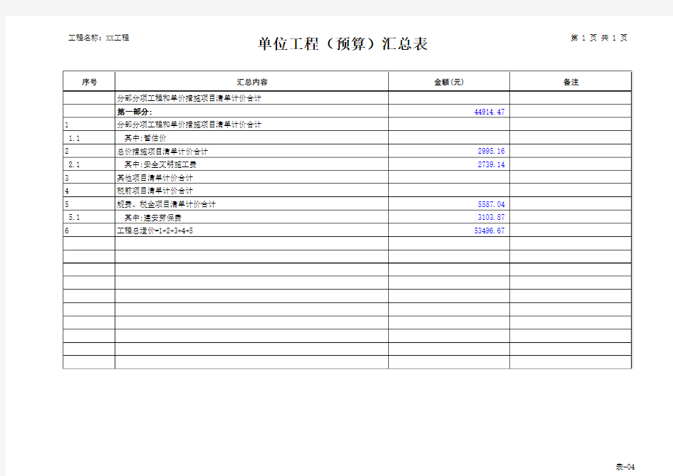 工程预算书(表)(Excel版-模板)-表-04 单位工程预算汇总表