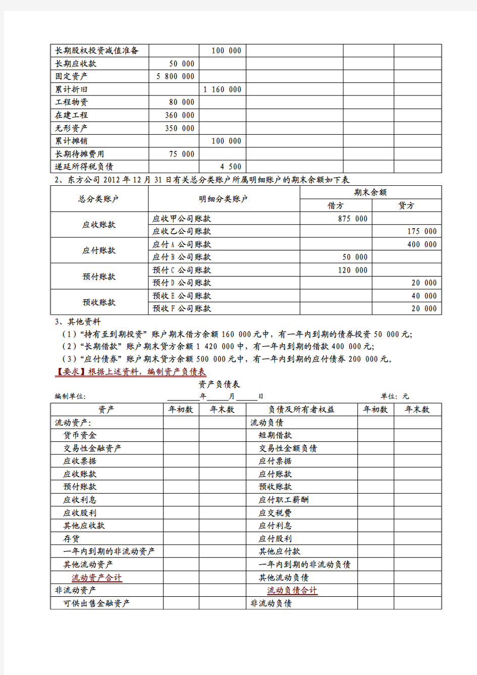 会计报表练习题