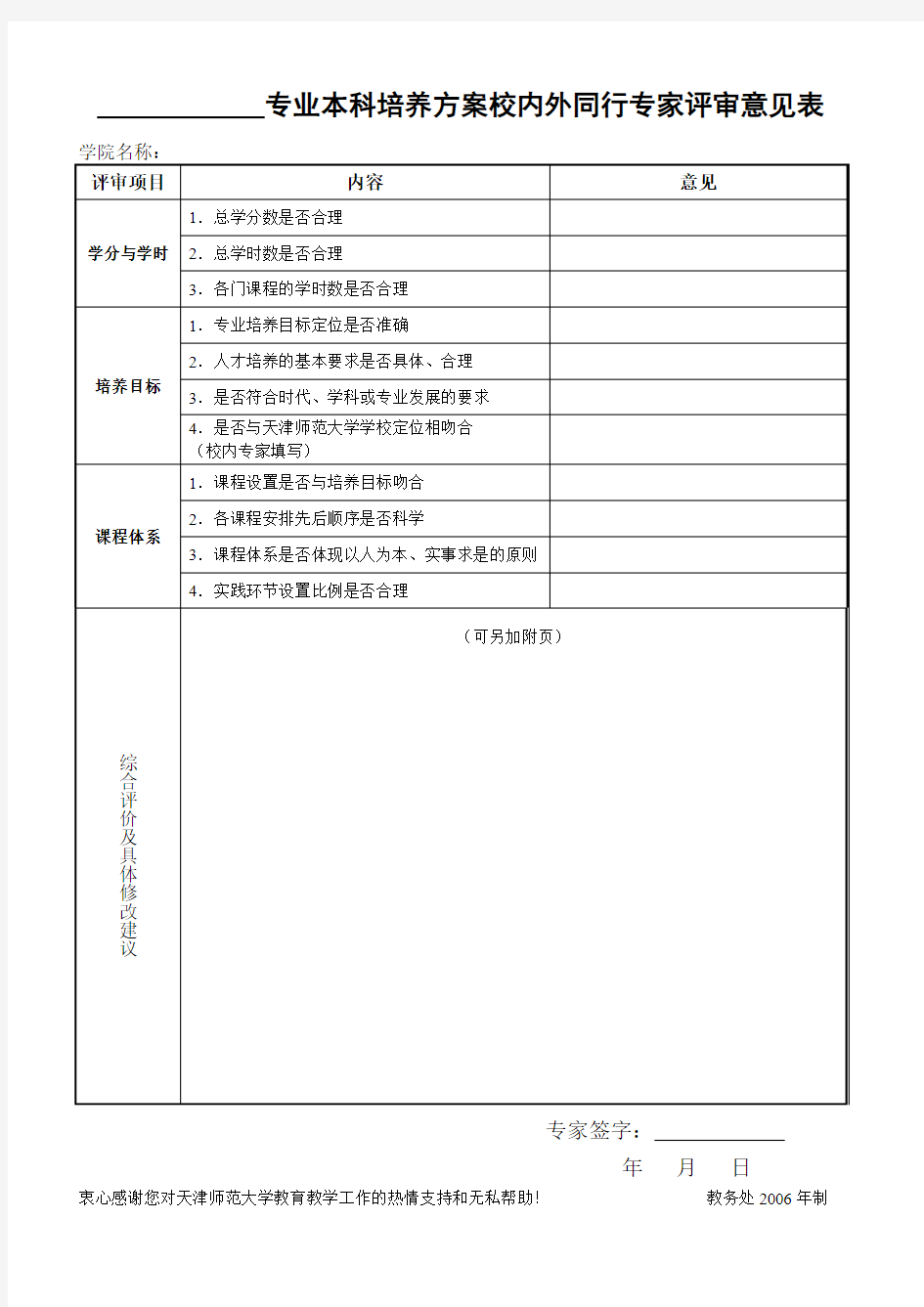 本科培养方案修订校内外专家意见表