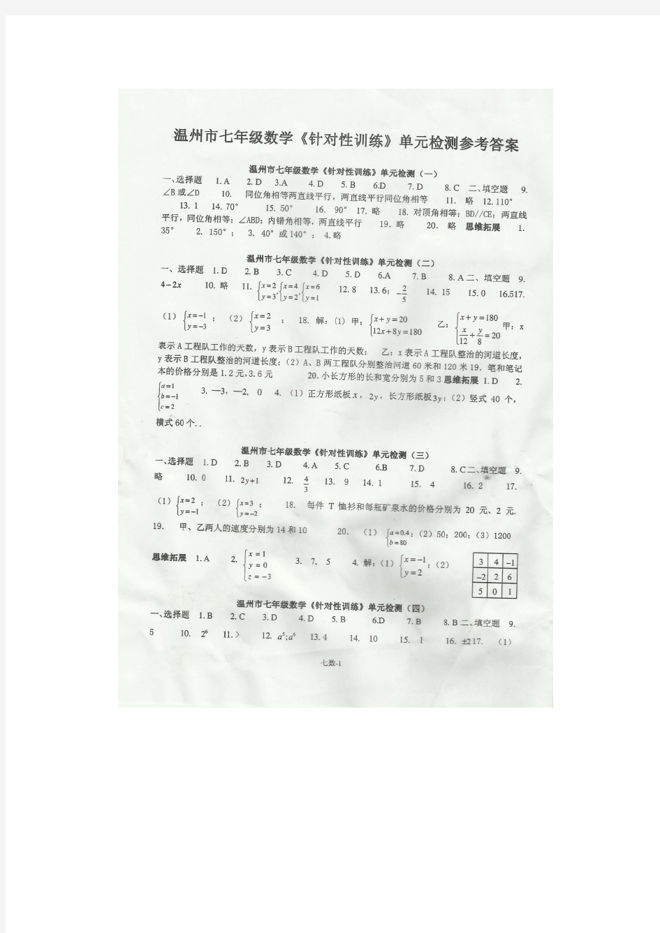 2014春温州市针对性训练七年级下数学答案