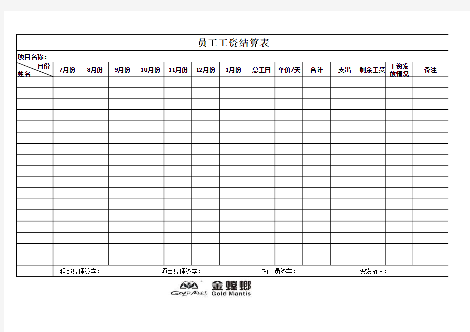 员工工资结算表