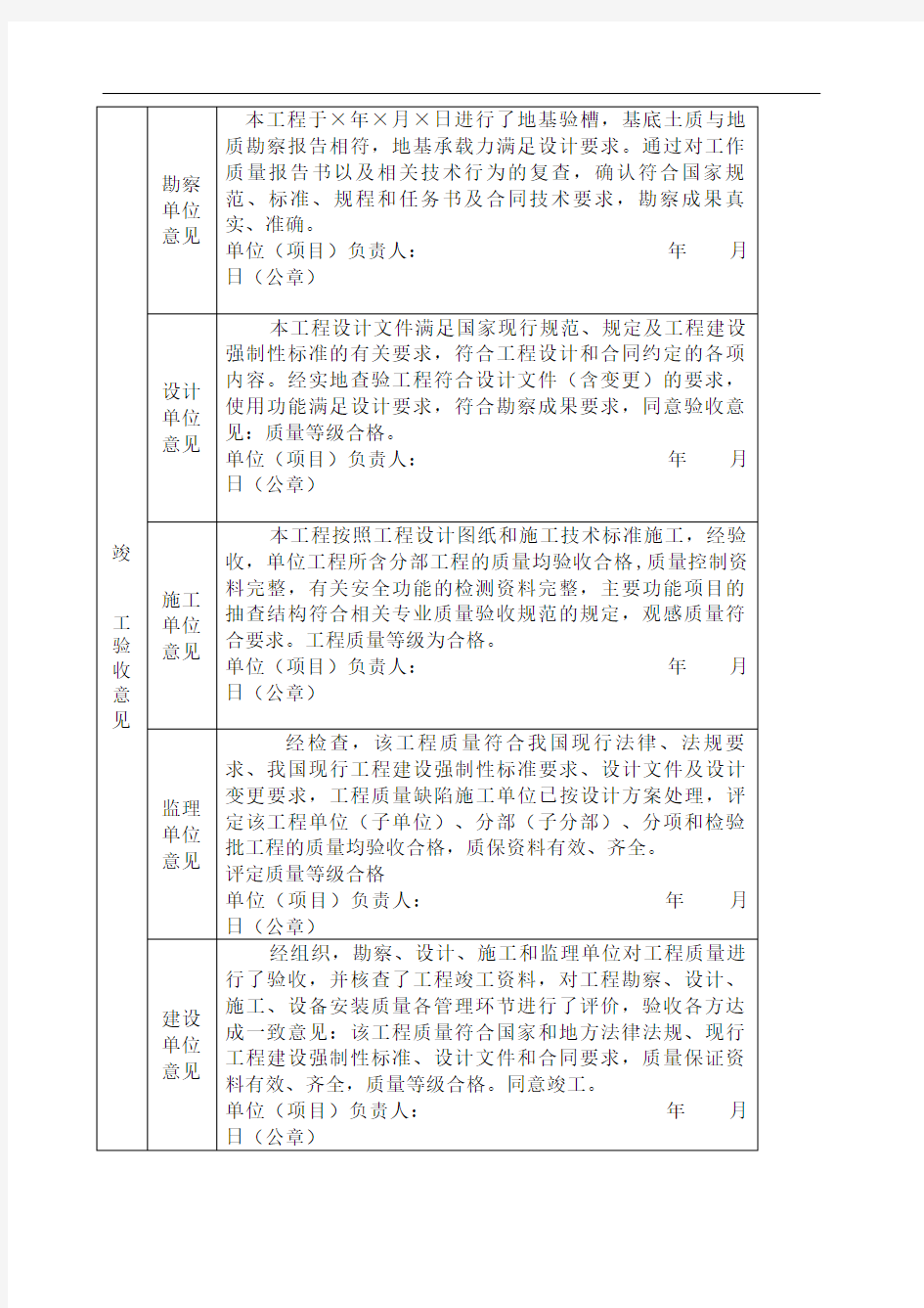 竣工验收备案表竣工验收意见填写说明