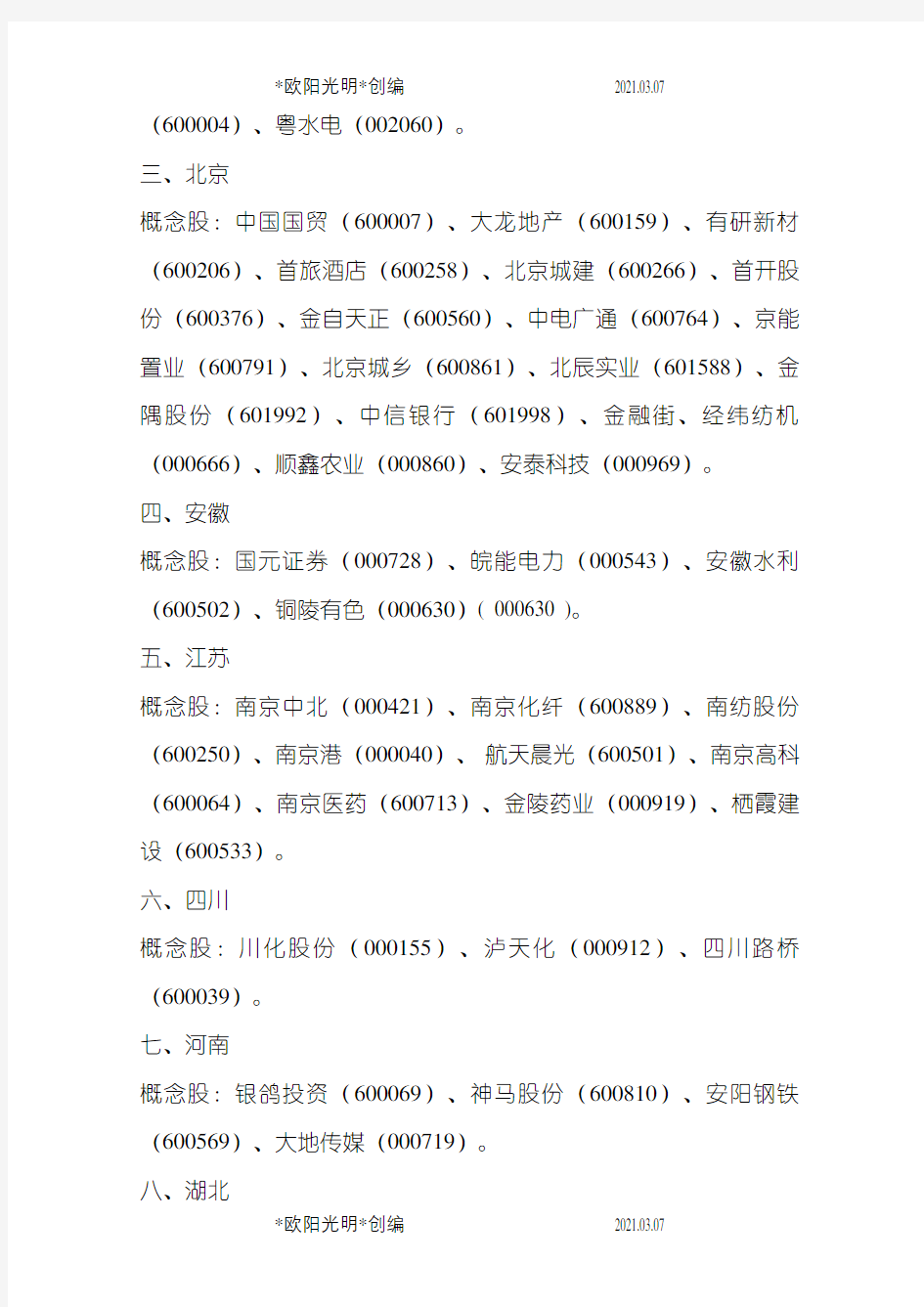 2021年中国22地方国企改革概念股名称代码一览