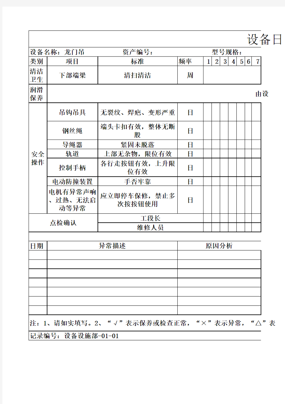 设备日常点检表